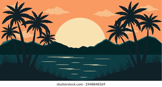 Summer tropical background with ocean, sun and palm trees. Vector illustration