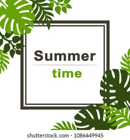 Summer tropical background with palm leaves. Place for text. Theme of plants. Vector floral background.