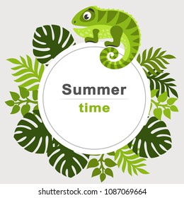 Summer tropical background with palm leaves and cartoon iguana. Round frame. Place for text. Theme of plants. Vector floral background.