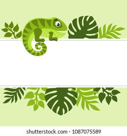 Summer tropical background with palm leaves and cartoon cute iguana. Rectangular frame. Place for text. Theme of plants. Vector floral background.