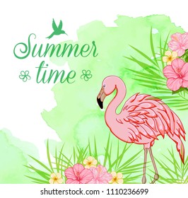 Summer tropical background with palm leaves, pink flamingo and green watercolor texture. Summer time lettering. 