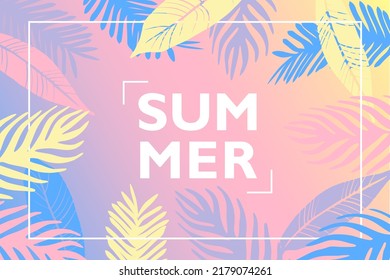 Summer tropical background with palm leaves. Pastel resort concept for poster, web baner design.