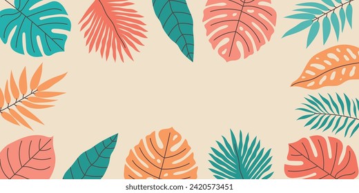 Summer tropical background with palm leaves. Template with exotic leaves.