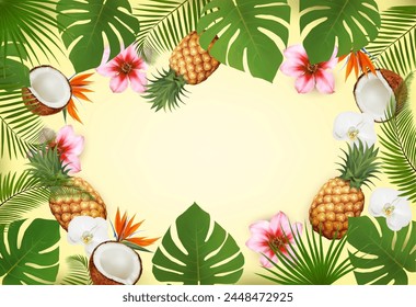 Summer tropical background with palm leaves, colorful flowers and a exotic fruit. Vector