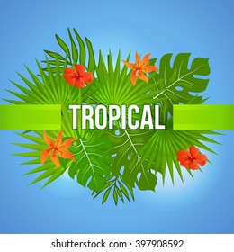 Summer tropical background of palm leaves and flowers. Summer colorful hawaiian backround. 