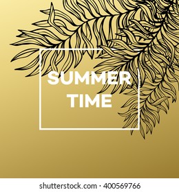 Summer tropical background of palm leaves and golden text and frame.  Vector illustration EPS10