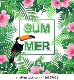 Summer tropical background with palm leaves, toucan, hibiscus flower