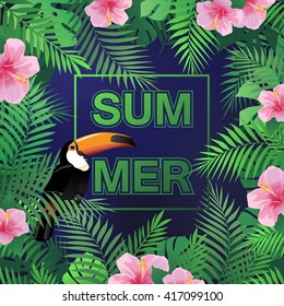 Summer tropical background with palm leaves, toucan, hibiscus flower.