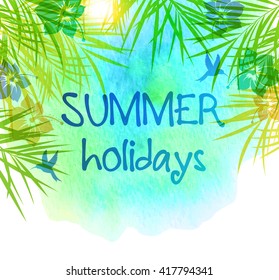 Summer tropical background with palm leaves and watercolor texture. Tropical flowers on a blue background.