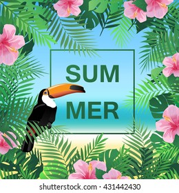 Summer tropical background with palm leaves and hibiscus flowers. Exotic wallpaper, card, poster, placard. party graphic design.