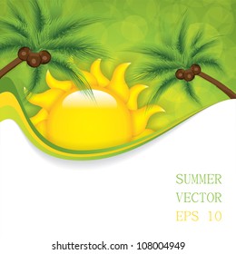 Summer tropical background with palm trees and sun.