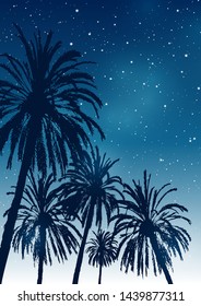 Summer tropical background with palm trees silhouettes on starry sky