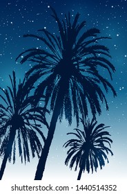 Summer tropical background with palm trees silhouettes on starry sky