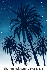 Summer tropical background with palm trees silhouettes on starry sky