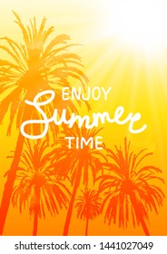 Summer tropical background with palm trees silhouettes on sunny sky
