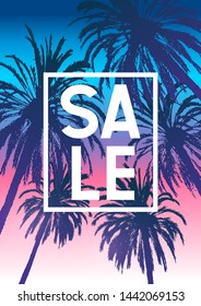 Summer tropical background with palm trees silhouettes on sunset sky