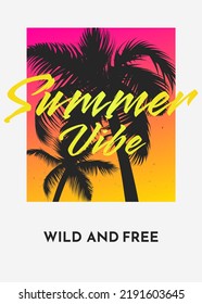 Summer tropical background with palm trees silhouette, with gradient. Music cocktails party poster, flyer, invitation card. Summer vacation. Hawaiian retro style neon template t shirt print design.