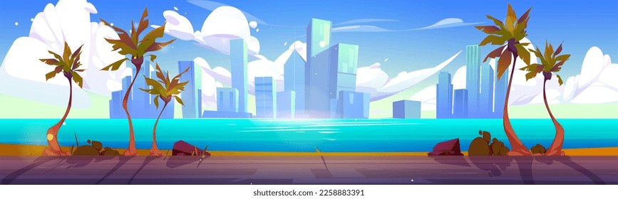 Summer tropical background with palm trees and empty asphalt road. Sea coast landscape and blue water surface with city buildings on skyline, sky with white clouds cartoon vector illustration