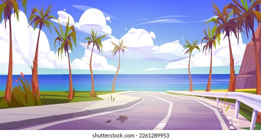 Summer tropical background with palm trees and empty asphalt road with fence. Sea coast landscape with rock and blue water surface on skyline, sky with white clouds cartoon vector illustration