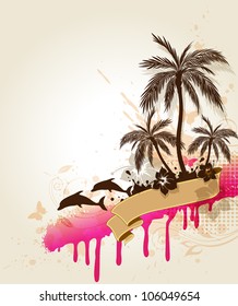 Summer tropical background with palms and dolphin