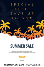 Summer Tropical background with palms. Summer placard poster flyer invitation card. Summer time. Vector Illustration