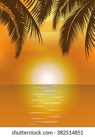 Summer tropical background with palms, sea and sunset.