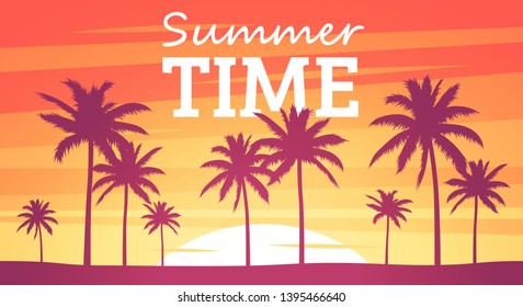 Summer tropical background. Palms silhouettes on the beach. Sunset or sunrise colors. Beautiful orange sky and nature landscape. Simple modern design. Flat style vector illustration.