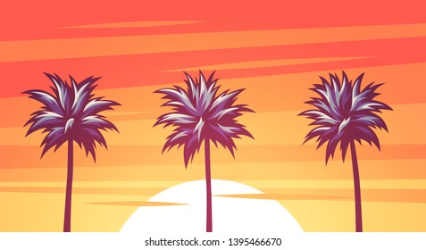 Summer tropical background. Palms silhouettes on the beach. Sunset or sunrise colors. Beautiful orange sky and nature landscape. Simple modern design. Flat style vector illustration.