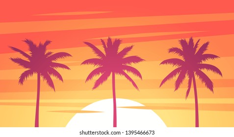 Summer tropical background. Palms silhouettes on the beach. Sunset or sunrise colors. Beautiful orange sky and nature landscape. Simple modern design. Flat style vector illustration.