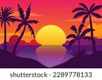 Summer tropical background with palms, sky and sunset. Summer placard vector poster flyer invitation card. Summertime.
