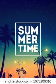 Summer tropical background with palms, sky and sunset. Summer placard poster flyer invitation card. Summertime