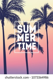 Summer tropical background with palms, sky and sunset. Summer placard poster flyer invitation card. Summertime