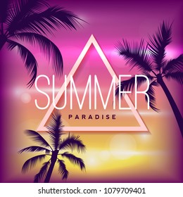 Summer tropical background with palms, sky and sunset. Retro banner, poster, flyer invitation card.