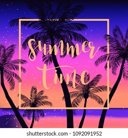 Summer tropical background  with palms, sky and sunset. Summer poster, flyer, invitation card. Summertime.