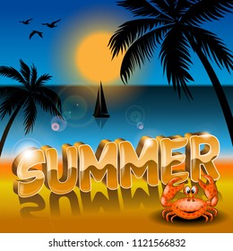 Summer tropical background with palms, sky, sea and sunset. Summer placard poster flyer invitation card. Summertime.