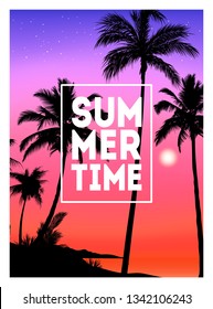 Summer tropical background with palms, sky and sunset. Summer placard poster flyer invitation card. Summertime