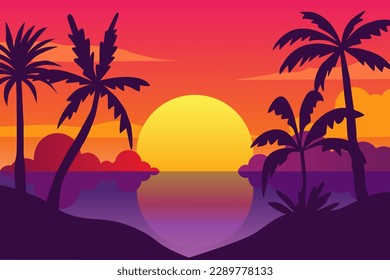 Summer tropical background with palms, sky and sunset. Summer placard vector poster flyer invitation card. Summertime.