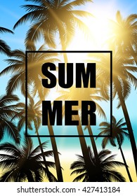 Summer tropical background with palms, sky and sea.  placard, poster, flyer, invitation, card.