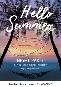 Summer tropical background  with palms, sky and sunset. Summer poster, flyer, invitation card. Summertime.