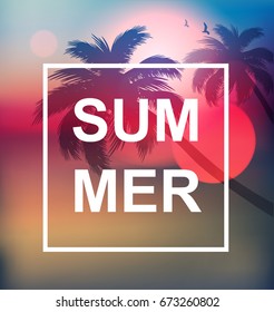 Summer tropical background with palms, sky and sunset
