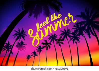 Summer tropical background with palms, sky and sunset. Summer placard poster flyer invitation card. feel the Summer