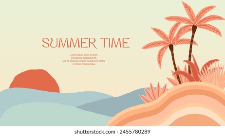 Summer tropical background with palms, sun and beach. Summer placard poster flyer invitation card. Summertime