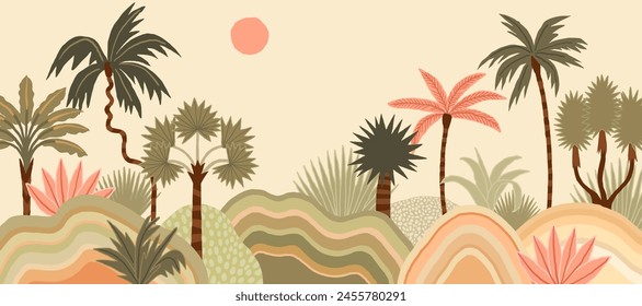 Summer tropical background with palms and sun. Exotic botanical design for hotel, spa, travel agency