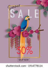 Summer tropical background with paper cut Parrot, hibiscus flowers and tropical leaves. Paper art for banner, poster, promotion, web site, online shopping, advertising. Vector illustration.