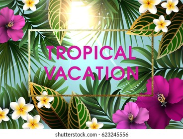 Summer Tropical Background  for Party or Wedding Invitation, Flyer or Travel Advertising. Exotic Plants, Flowers, Leaves ans Branches.