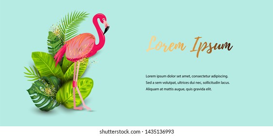 Summer tropical background with pink flamingo and exotic leaves. Place for text. Vector illustration for poster, web, flyer, party invitation, sale, ecological concept.