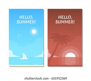 Summer tropical background for placard, poster, flyer invitation card. Seascape with sailing yacht. Tropical beach with silhouette of palm tree on the sunset. Vector illustration in flat style.
