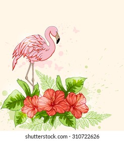 Summer tropical background with red flowers and pink flamingo