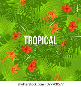 Summer tropical background seamless pattern of palm leaves and flowers. Summer colorful hawaiian backround. 