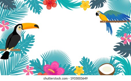 Summer Tropical Background with space for text. Toco toucan and Macaw on tropical leaves frame template for your design. Vector illustration